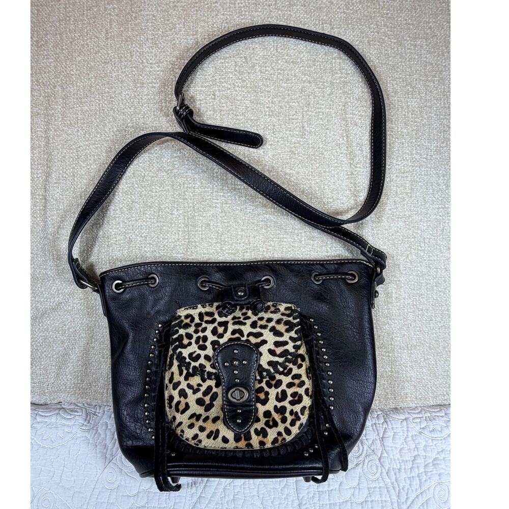 Montana West Women's Black Leopard Faux Fur Leather Drawstring Crossbody Bag